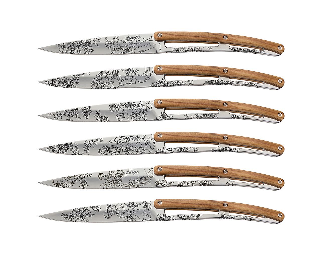 6 Deejo steak knives, mirror finish, olive wood, 'Jouy' Wood Deejo
