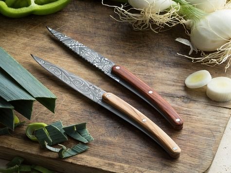 2 Deejo paring knives, Olive and Coral wood / Polynesian and Pacific