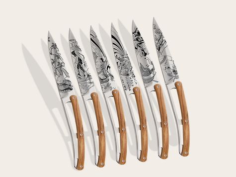 6 Deejo steak knives, Olive wood / Japanese