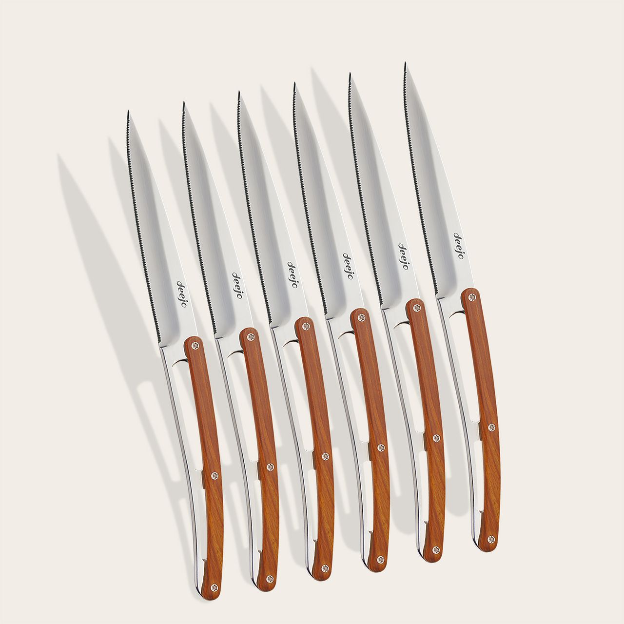 6 Deejo Steak Knives Serrated, Coral Wood