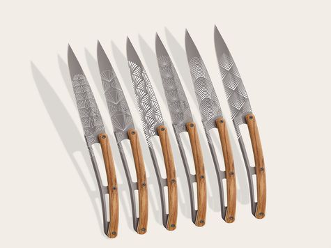 6 Deejo steak knives, Olive wood / Art Déco