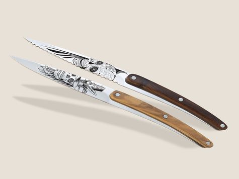 2 Deejo paring knives, Olive and Coral wood / Dandy and Latino