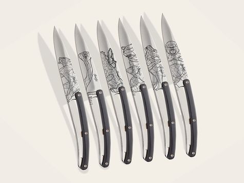 6 Deejo steak knives, Ebony / Orlinski Bestiary