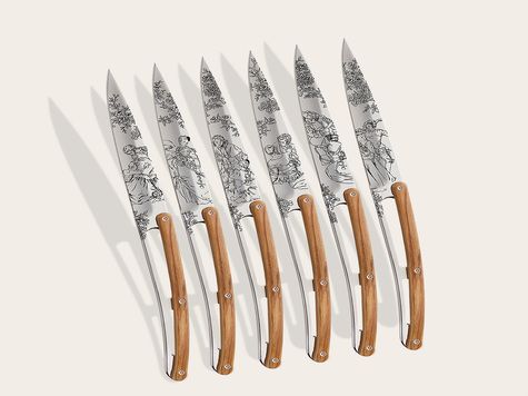 6 Deejo steak knives, Olive wood / Toile de Jouy
