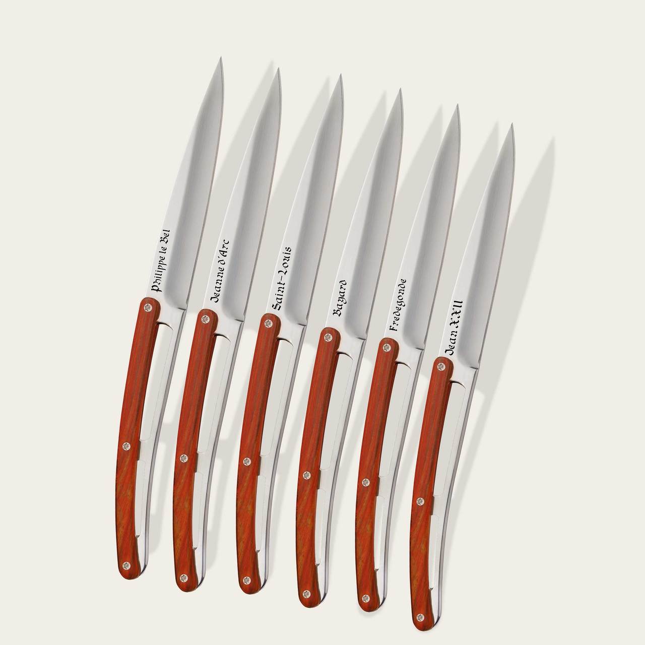6 Deejo steak knives, Coral wood / Mikael de Poissy History of France