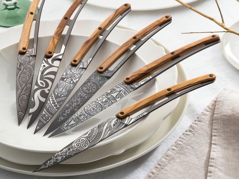 6 Deejo steak knives, Olive wood / Tattoos of the World