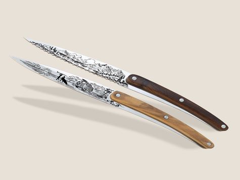 2 Deejo paring knives, Olive and Coral wood / Van Life and Mountain