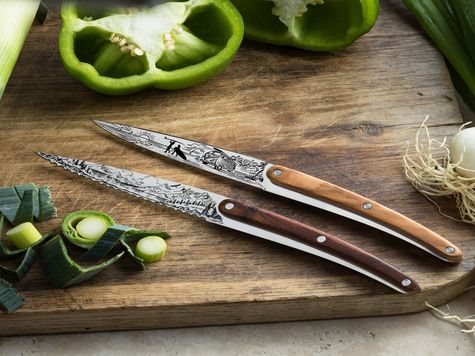 2 Deejo paring knives, Olive and Coral wood / Van Life and Mountain