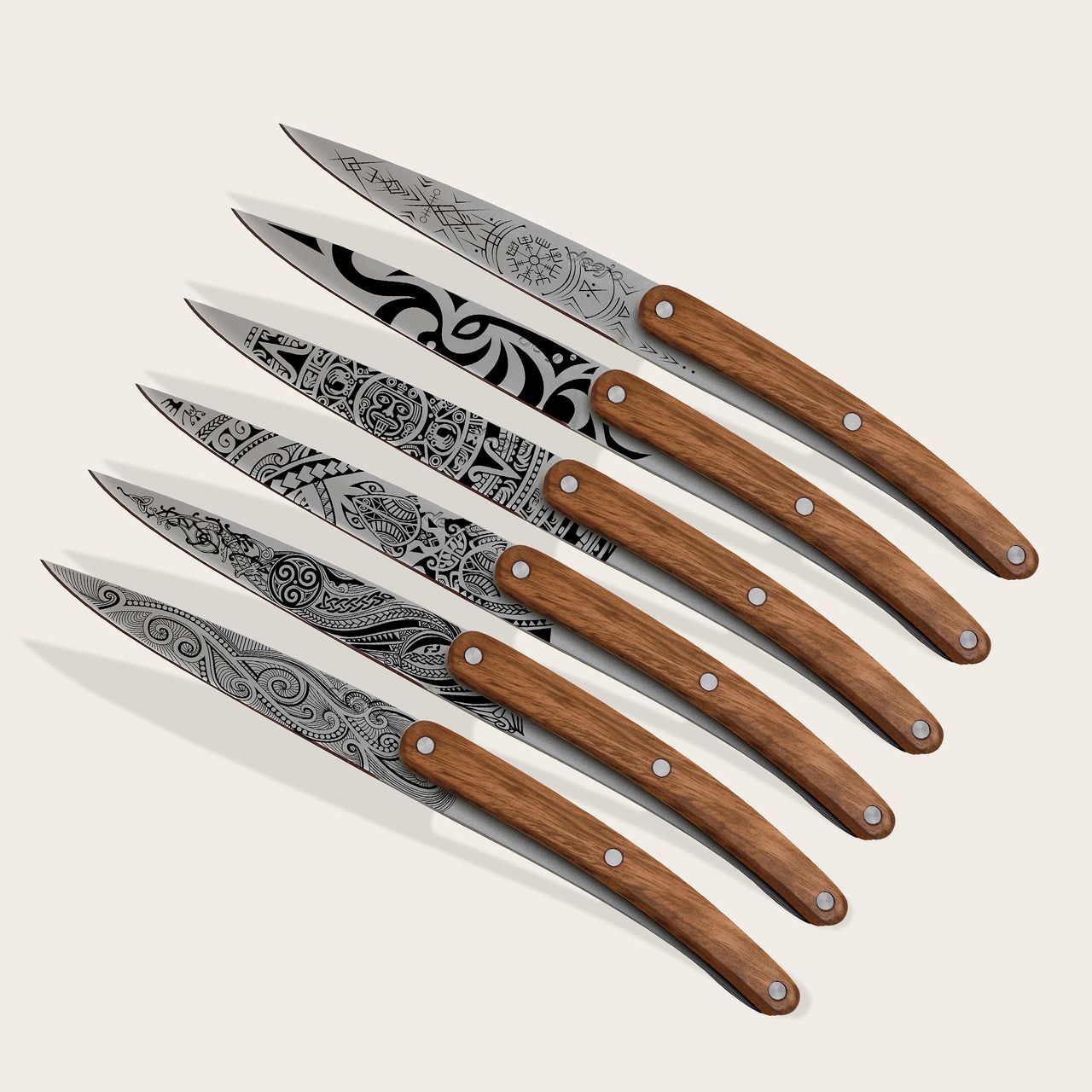 6 Deejo Paring Knives, Zebra Wood / Tattoos of The World