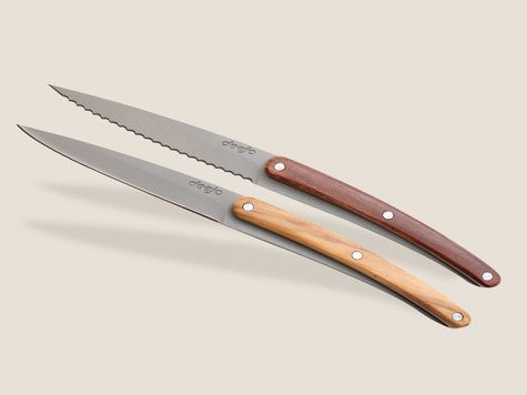 2 Deejo paring knives, Olive and Coral Wood