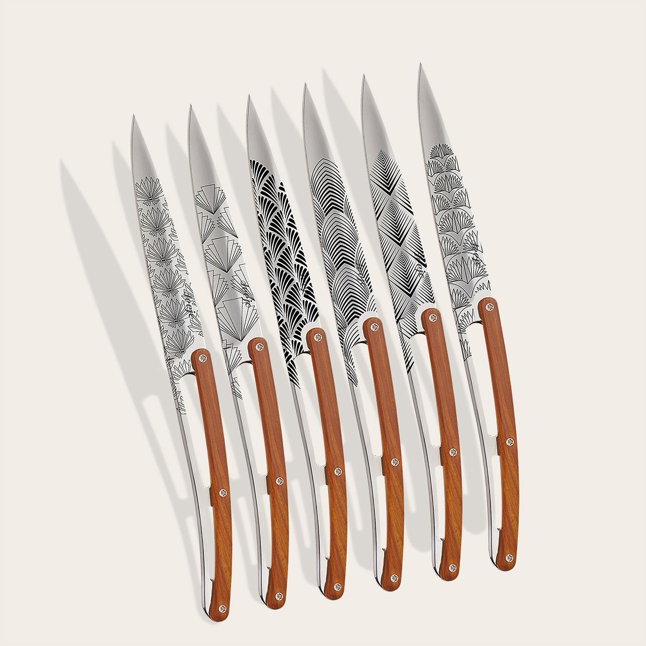 6 Deejo steak knives, Coral wood / Art Déco STEAK KNIVES TABLEWARE