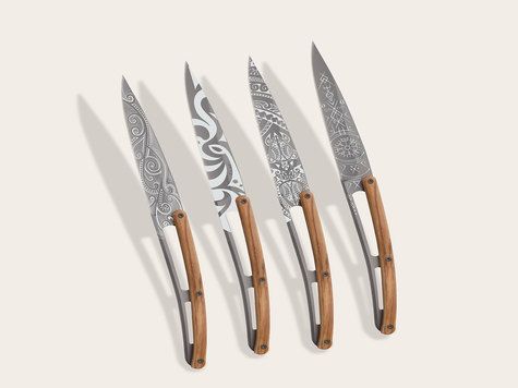 4 Deejo steak knives, Olive wood / Tattoos of the World
