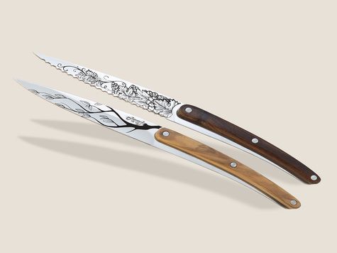 2 Deejo paring knives, Olive and Coral wood / Tree and Grand Cru