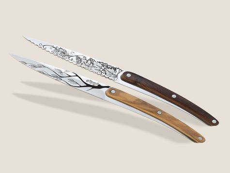 2 Deejo Paring Knives, Olive and Coral wood / Tree and Grand Cru