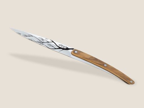 2 Deejo paring knives, Olive and Coral wood / Tree and Grand Cru
