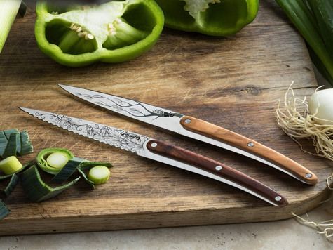 2 Deejo paring knives, Olive and Coral wood / Tree and Grand Cru
