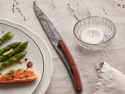 6 Deejo steak knives, Coral wood / Toile de Jouy