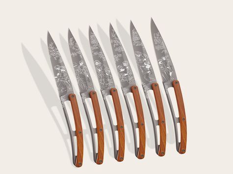 6 Deejo steak knives, Coral wood / Toile de Jouy