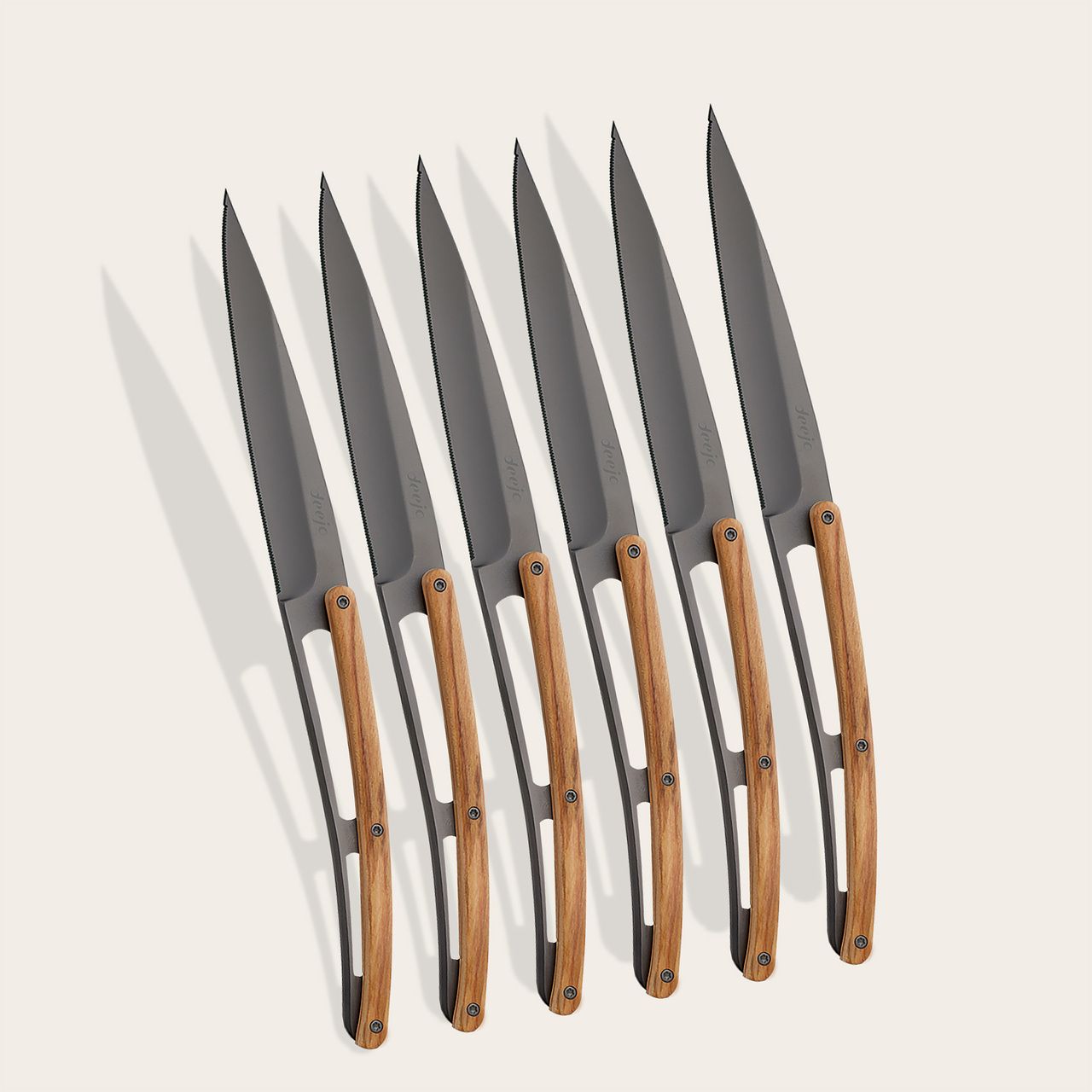 6 Deejo Steak Knives Serrated, Olive Wood