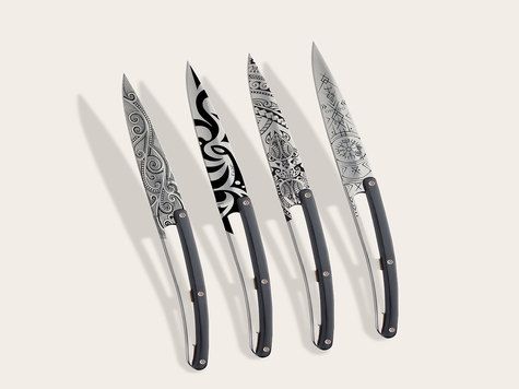 4 Deejo steak knives, Ebony wood / Tattoos of the World