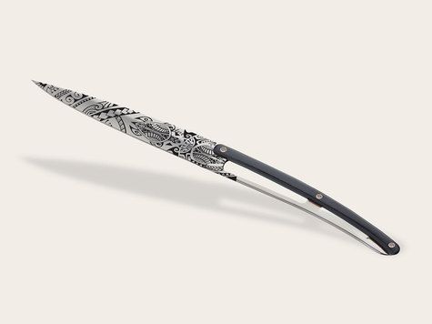 4 Deejo steak knives, Ebony wood / Tattoos of the World