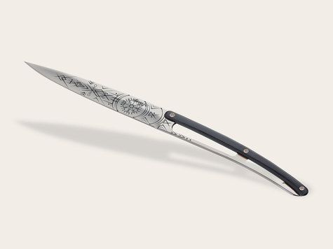4 Deejo steak knives, Ebony wood / Tattoos of the World