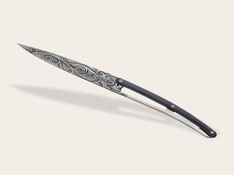 4 Deejo steak knives, Ebony wood / Tattoos of the World