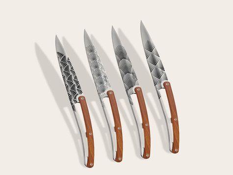 4 Deejo Steak Knives, Coral wood / Art Déco