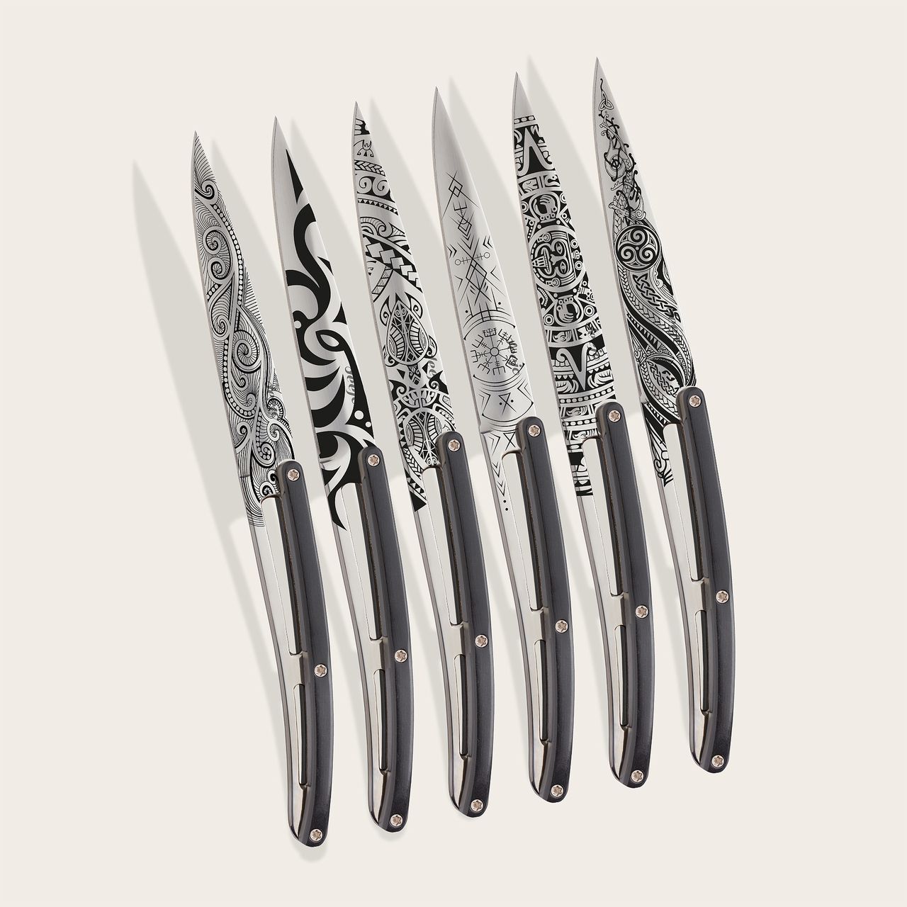 6 Deejo steak knives, Ebony / Tattoos of the World STEAK KNIVES