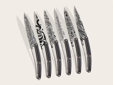 6 Deejo steak knives, Ebony wood / Tattoos of the World