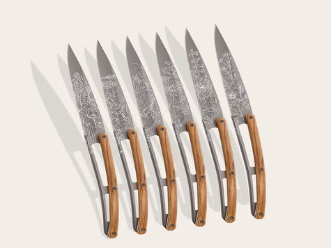 6 Deejo steak knives, Olive wood / Blossom