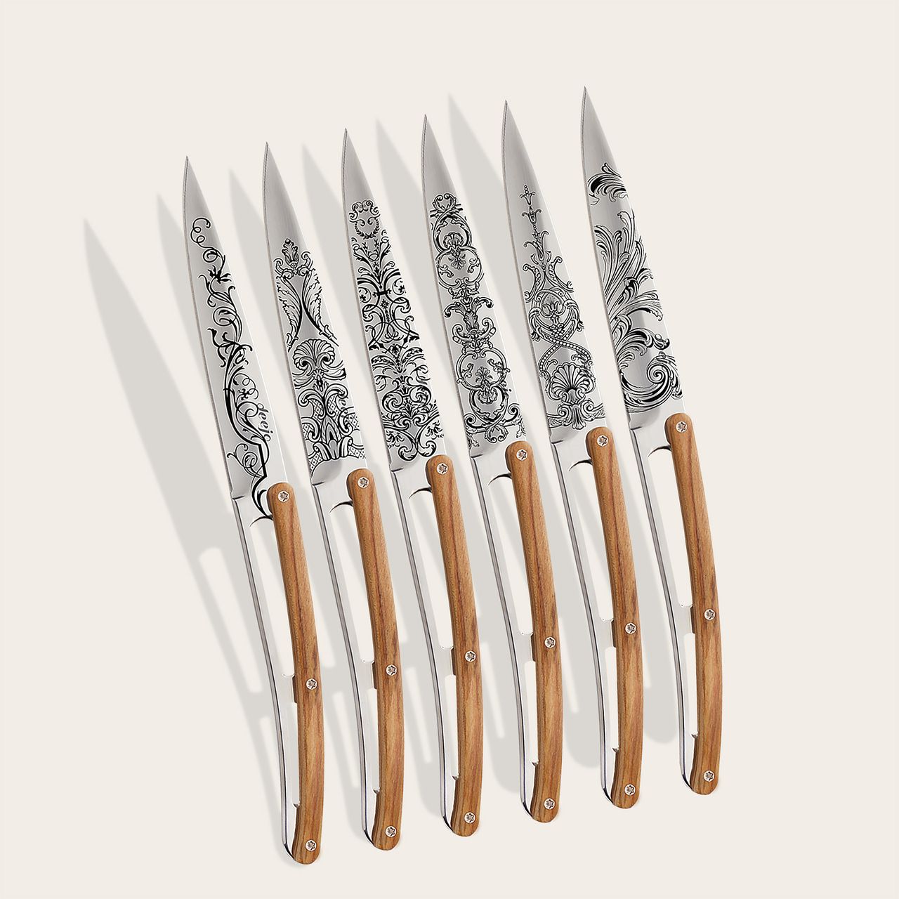 6 Deejo Steak Knives, Olive Wood / Grand siècle