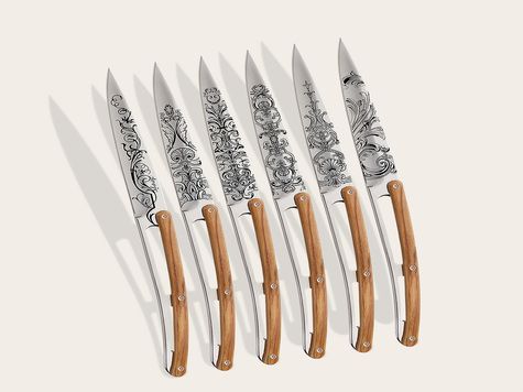 6 Deejo steak knives, Olive wood / Grand Siècle