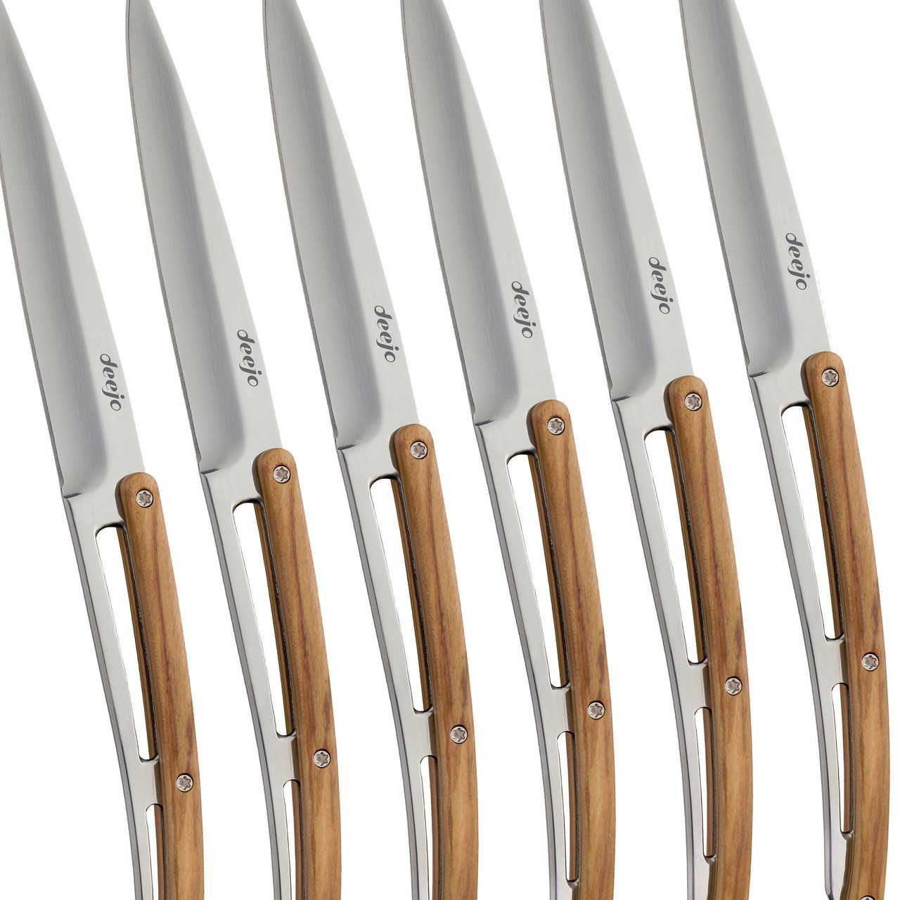 6 Deejo steak knives, mirror finish, olive wood Wood Deejo table