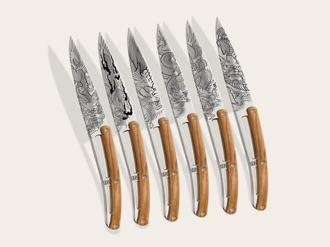 6 Deejo Steak knives, Olive wood / Tin-Tin "The Dragon"