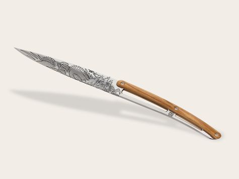 6 Deejo Steak knives, Olive wood / Tin-Tin "The Dragon"