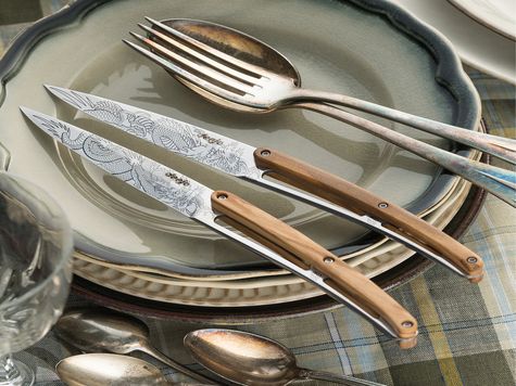 6 Deejo Steak knives, Olive wood / Tin-Tin "The Dragon"