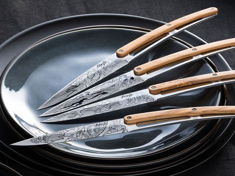 6 Deejo Steak knives, Olive wood / Tin-Tin "The Dragon"