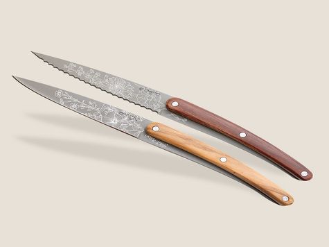 2 Deejo paring knives, Olive and Coral Wood / Blossom