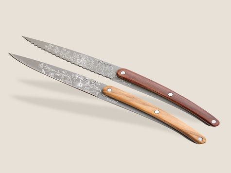 2 Deejo paring knives, Olive and Coral wood / Blossom