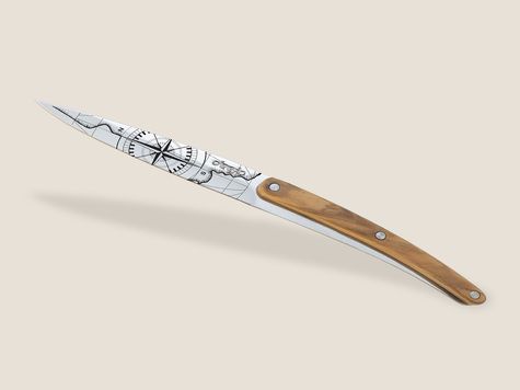 2 Deejo paring knives, Olive and Coral wood / Globe Trotter