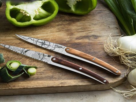2 Deejo paring knives, Olive and Coral wood / Globe Trotter