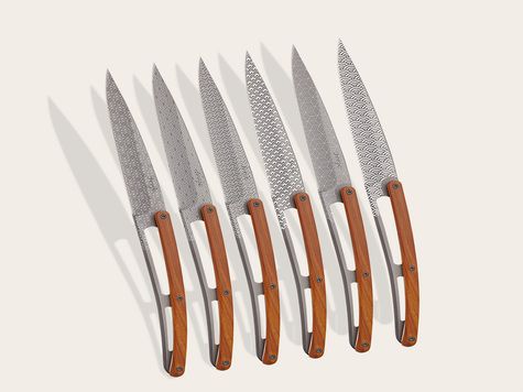 6 Deejo steak knives, Coral wood / Geometrie