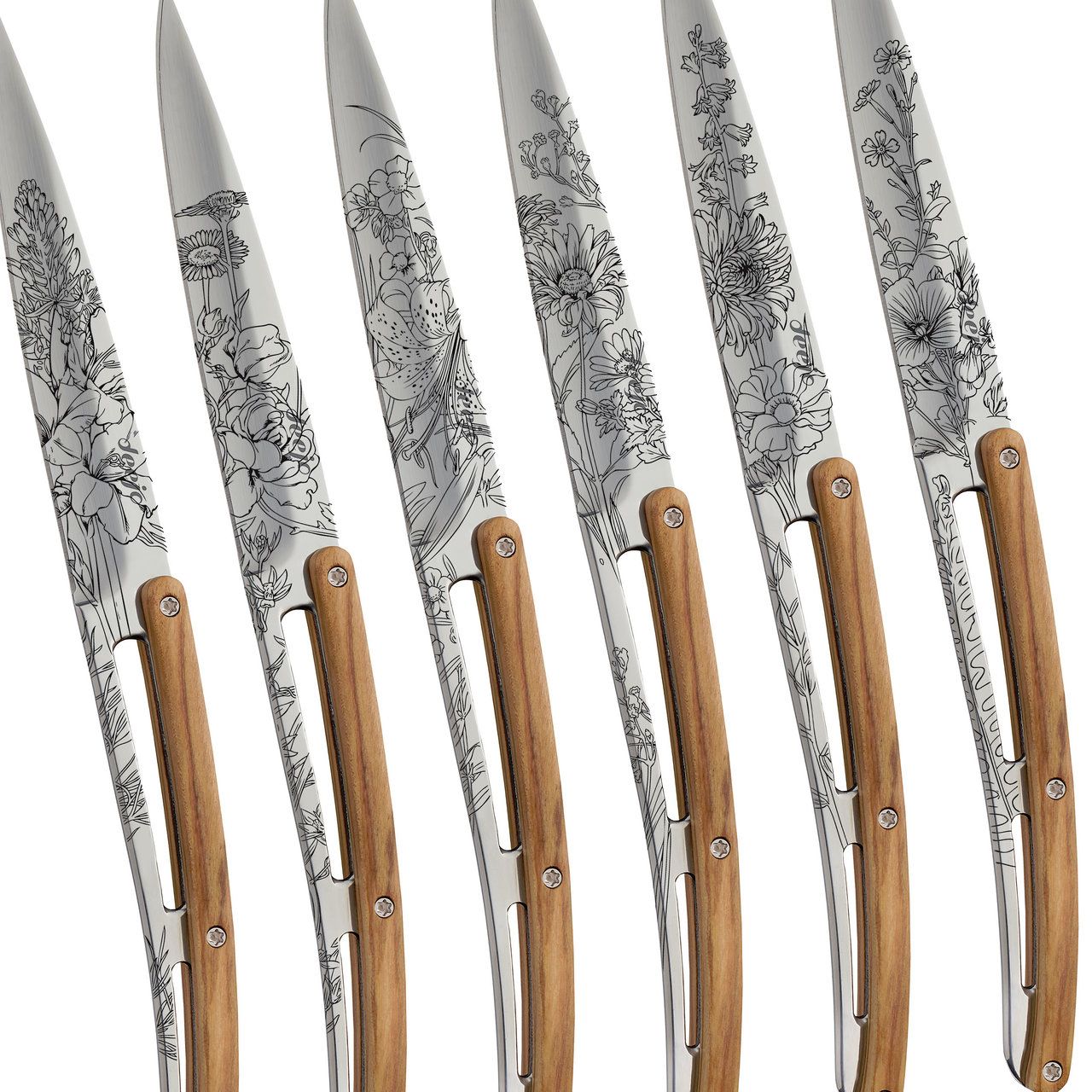 6 Deejo steak knives, mirror finish, olive wood, 'blossom' Wood