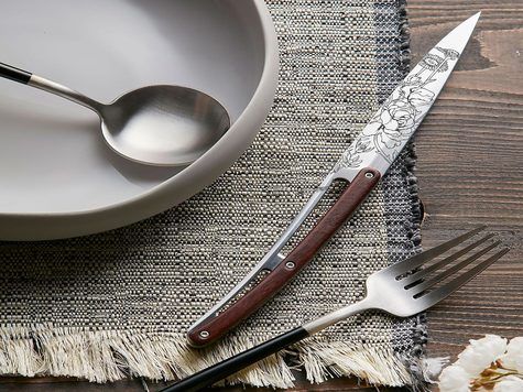 6 Deejo steak knives, Coral wood / Blossom