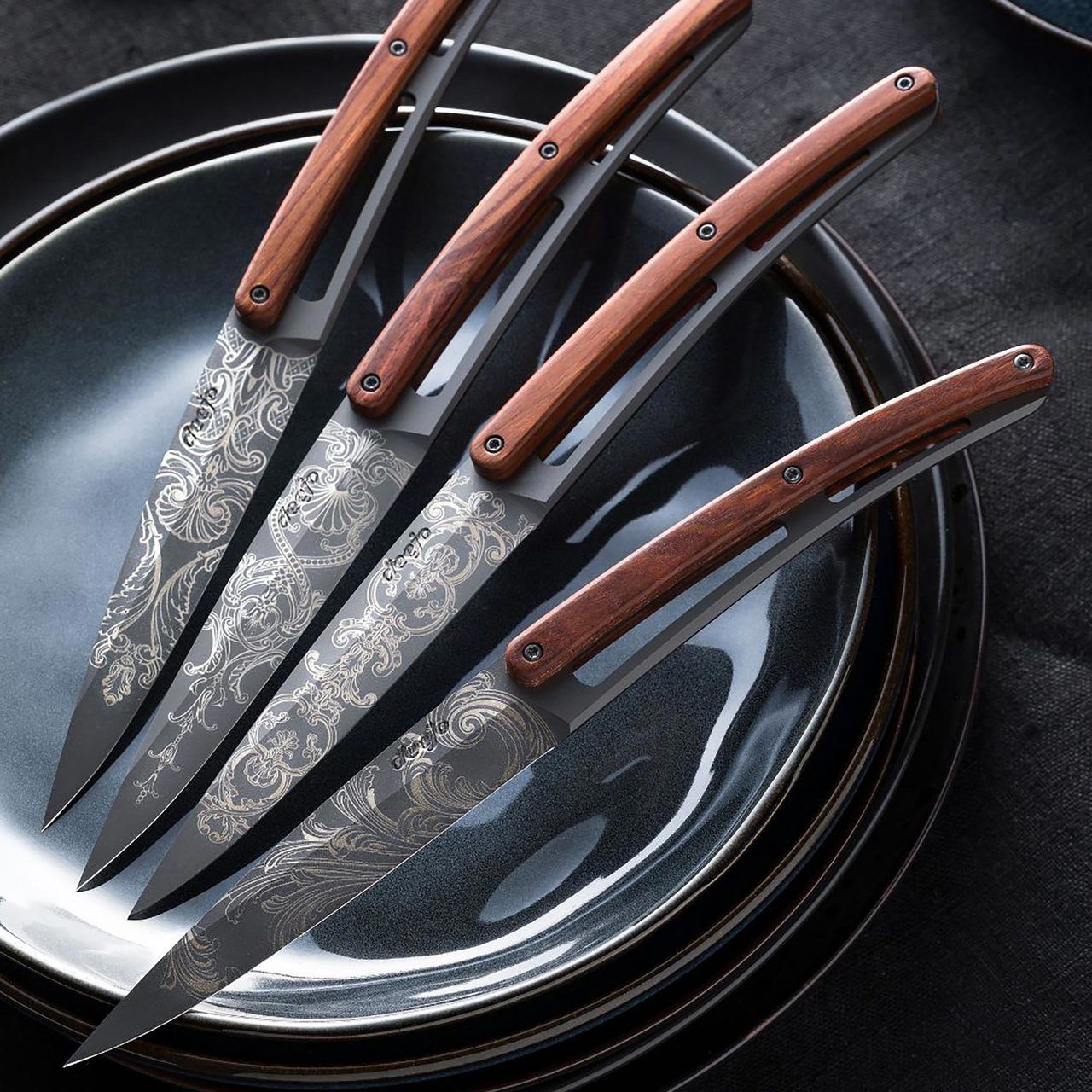 6 Deejo Steak Knives Serrated, Ebony Wood