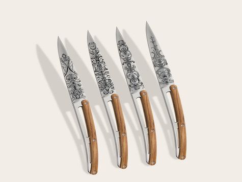 4 Deejo steak knives Prestige, Olive wood / Grand Siècle